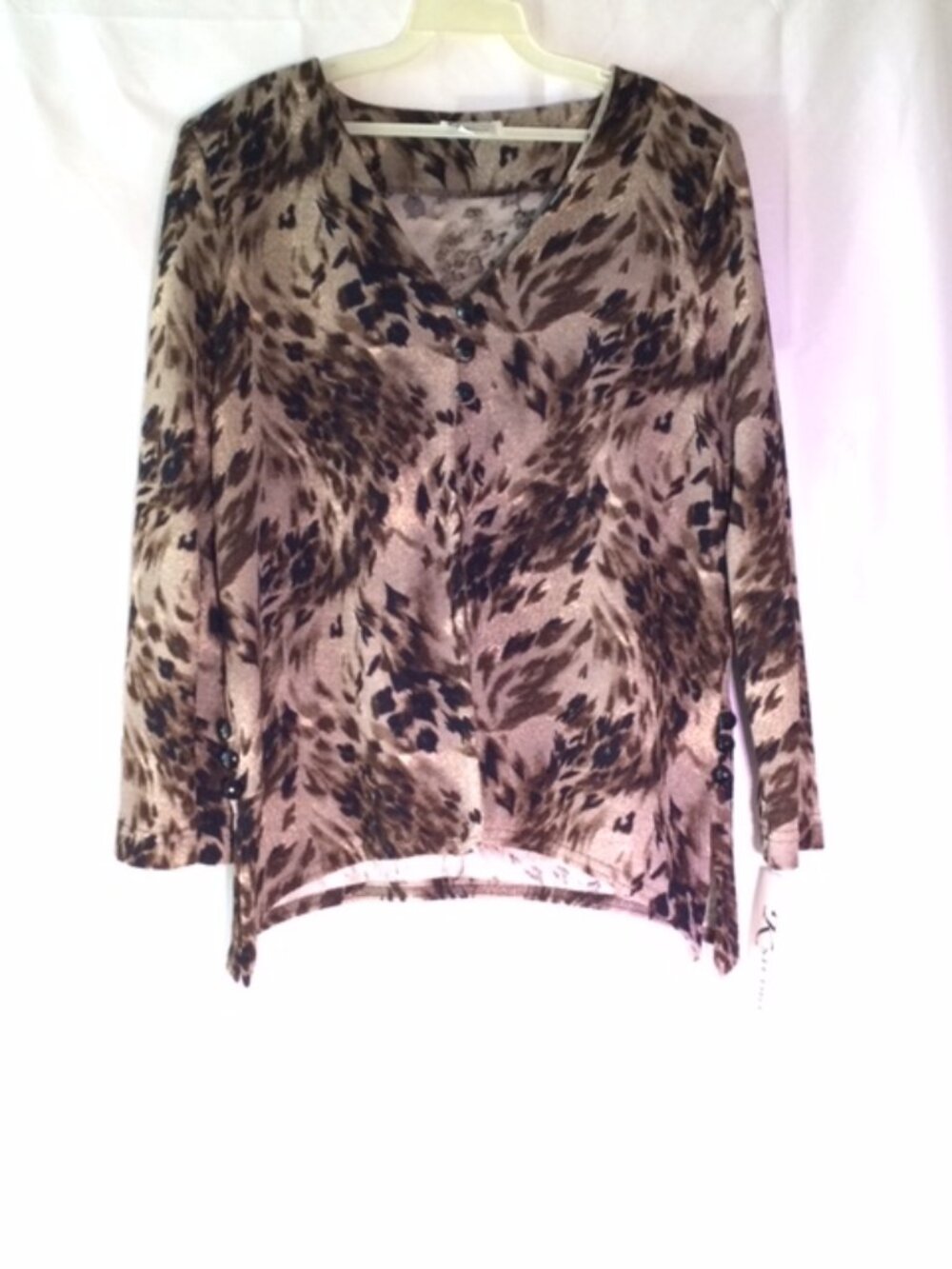 K Studio Animal Print Knit Top Women's Brown Long Sleeve Top Brown V-Neck